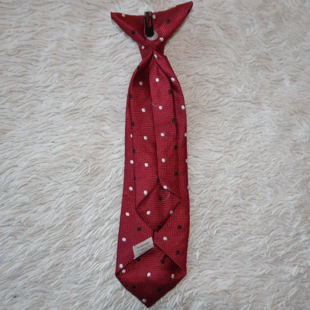 Boys Clip-On Neck Tie, Red Herringbone Pattern with Black and White Polka Dots